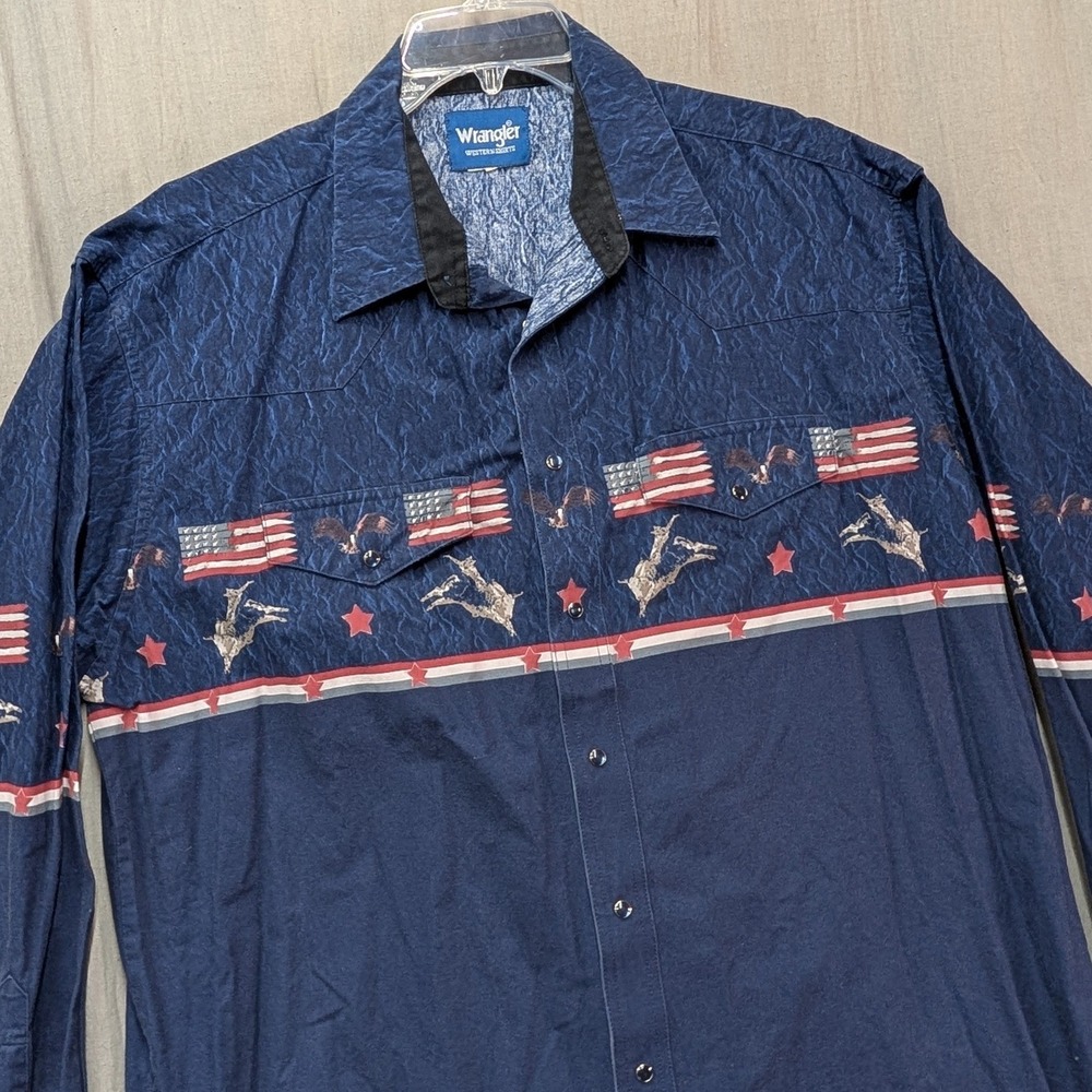 Wrangler Western Shirt Mens XXL Blue Patriotic American Flag Bronco Eagle Snap